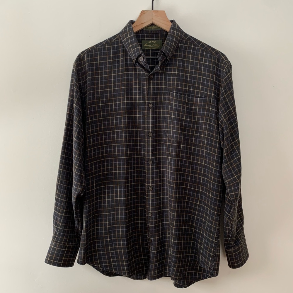 Orvis Signature Collection Shirt Men's Medium Silk Wool Blend Plaid Pattern EUC